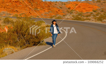 Young woman wearing a cowboy hat walking down a lonesome road in the desert of Arizona Young woman wearing a cowboy hat walking down a lonesome road in the desert of Arizona 109068252