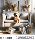Golden Holiday Bliss: Serene Puppy Amidst Festive Decor 109068293