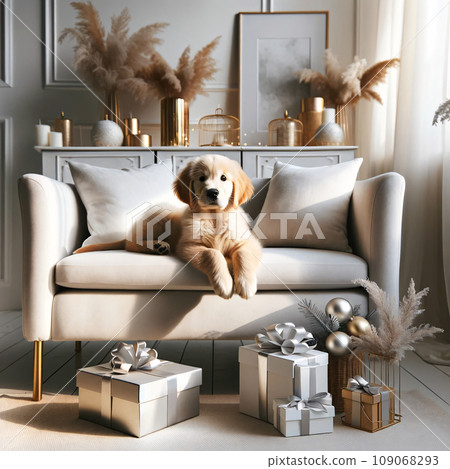 Golden Holiday Bliss: Serene Puppy Amidst Festive Decor 109068293