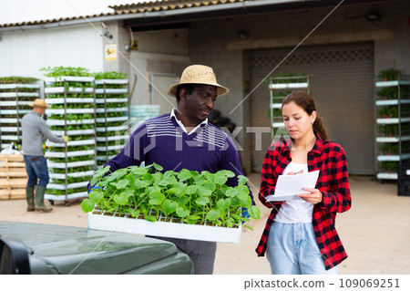 Warehouse worker delivering trays of seedlings to woman farmer 109069251