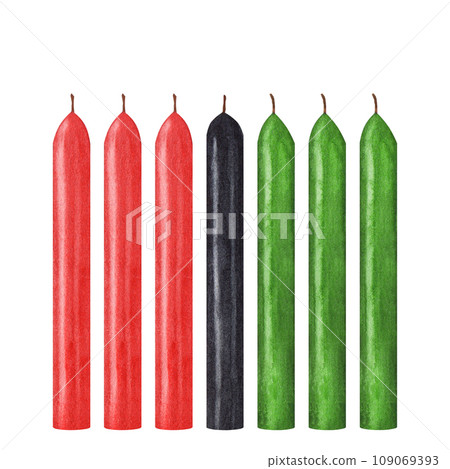 Seven candles, red black green for Kinara. Kwanzaa African-American holiday. Black history month. Hand drawn watercolor isolated background. Design element for postcard, poster, fabric Seven candles, red black green for Kinara. Kwanzaa African-American holiday. Black history month. Hand drawn watercolor isolated background. Design element for postcard, poster, fabric 109069393