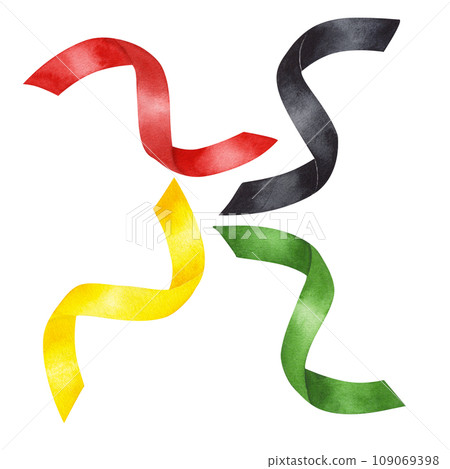 Party streamers serpentine, ribbons set colors: red, yellow, green, black. Kwanzaa holiday, Christmas, New Year, Birthday. Hand drawn watercolor illustration isolated background Party streamers serpentine, ribbons set colors: red, yellow, green, black. Kwanzaa holiday, Christmas, New Year, Birthday. Hand drawn watercolor illustration isolated background 109069398