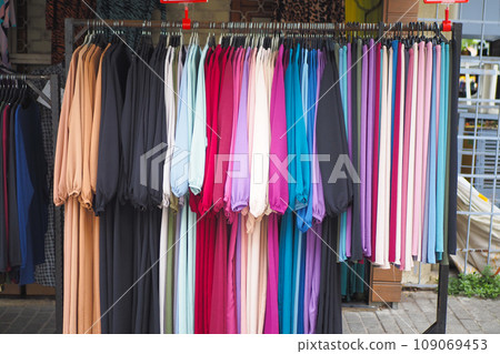 close up of many women cloths display for sale  109069453