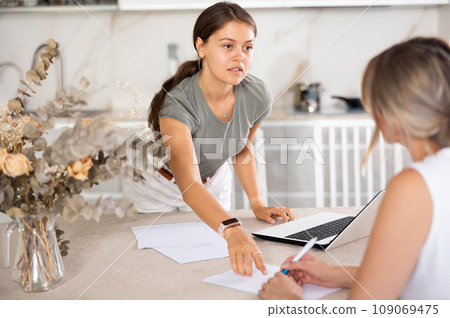 Girl agent communicates with client and makes deal with him Girl agent communicates with client and makes deal with him 109069475