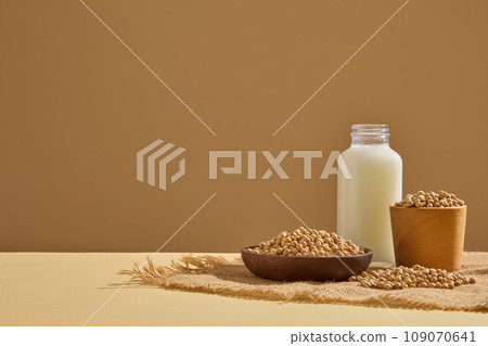 Soybean seeds are contained in a dish and bowl, displayed with a bottle of soybean milk. Beauty product can be displayed in the vacant space 109070641