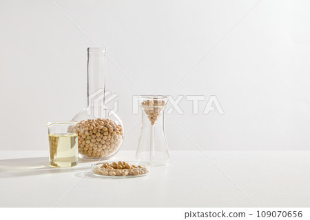 Concept of laboratory room with some glassware containing soybean seeds and soybean oil decorated on white background. Blank space in the right side to show cosmetic product extracted from Soybean 109070656