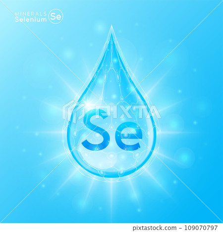 Essential selenium minerals for health human body. Blue crystal mineral water drop natural shiny. For nutrition design ad dietary supplement pharmacy. Scientific medical concept. 3D Vector. Essential selenium minerals for health human body. Blue crystal mineral water drop natural shiny. For nutrition design ad dietary supplement pharmacy. Scientific medical concept. 3D Vector. 109070797