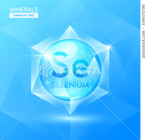 Selenium minerals in the form of blue crystal stone gems. Mineral crystals in natural shiny surface for nutrition design products food and drug for health. Scientific medical concept. 3D Vector. Selenium minerals in the form of blue crystal stone gems. Mineral crystals in natural shiny surface for nutrition design products food and drug for health. Scientific medical concept. 3D Vector. 109070798