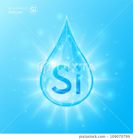 Essential silicon minerals for health human body. Blue crystal mineral water drop natural shiny. For nutrition design ad dietary supplement pharmacy. Scientific medical concept. 3D Vector. Essential silicon minerals for health human body. Blue crystal mineral water drop natural shiny. For nutrition design ad dietary supplement pharmacy. Scientific medical concept. 3D Vector. 109070799