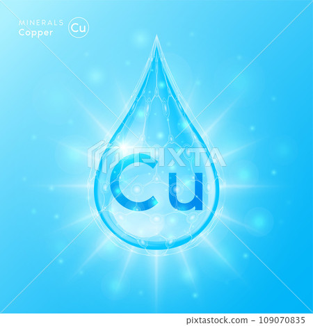 Essential copper minerals for health human body. Blue crystal mineral water drop natural shiny. For nutrition design ad dietary supplement pharmacy. Scientific medical concept. 3D Vector. 109070835