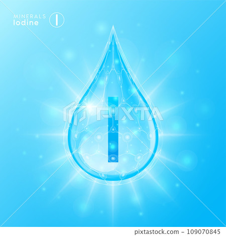 Essential iodine minerals for health human body. Blue crystal mineral water drop natural shiny. For nutrition design ad dietary supplement pharmacy. Scientific medical concept. 3D Vector. 109070845