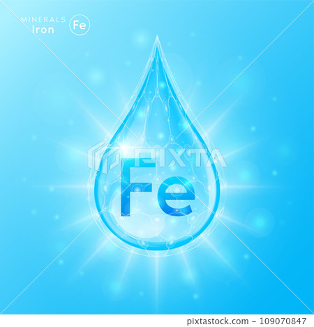 Essential iron minerals for health human body. Blue crystal mineral water drop natural shiny. For nutrition design ad dietary supplement pharmacy. Scientific medical concept. 3D Vector. 109070847