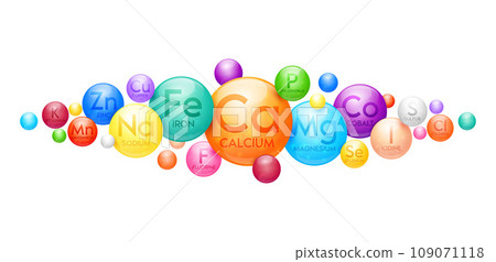 Minerals calcium zinc iron capsule isolated on white background. Nutrients vitamins that are essential the body for dietary supplement or skin care cosmetics banner design. Medical concepts. 3D Vector 109071118