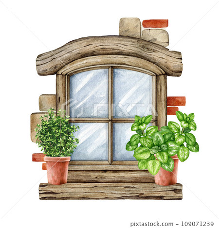 Vintage style wooden window with flower pots. Watercolor painted illustration. Hand drawn countryside house closed wooden window with oregano and thyme plants element. Isolated on white background 109071239