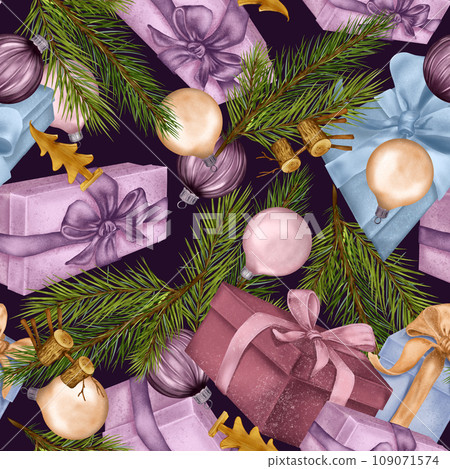 Christmas seamless pattern with Christmas toys and pine branch digital illustration isolated on dark. Holiday gift boxes, ball hand drawn. Element for new year design wrapping, textile, background 109071574
