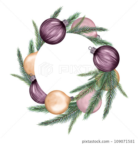 Circle frame of Christmas balls and spruce digital illustration isolated on white. Christmas decorations pastel shades, ornament hand drawn. Element for 2024 new year design, holiday card, package Circle frame of Christmas balls and spruce digital illustration isolated on white. Christmas decorations pastel shades, ornament hand drawn. Element for 2024 new year design, holiday card, package 109071581