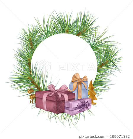 Frame of Christmas tree, gift boxes and wooden toy digital illustration isolated on white. Christmas decorations pastel colors, pine branch hand drawn. Design for package, greeting card, trade 109071582