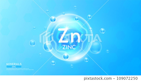 Zinc minerals inside blue bubble floating in the air. Vitamins complex essential supplement to the health care. For food  nutrition and medicine. Science medical concept. Banner 3D vector. Zinc minerals inside blue bubble floating in the air. Vitamins complex essential supplement to the health care. For food  nutrition and medicine. Science medical concept. Banner 3D vector. 109072250