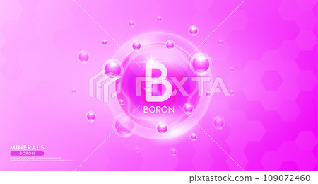 Boron minerals inside pink bubble floating in the air. Vitamins complex essential supplement to the health care. For food  nutrition and medicine. Science medical concept. Banner 3D vector. 109072460