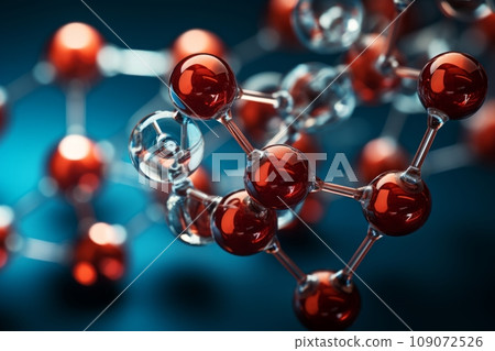 Colorful detailed view of molecule. Scientific image of cell membrane. Macro shot of liquid substances. Abstract molecule atom structure. Biology, physics or chemistry abstract background. 109072526