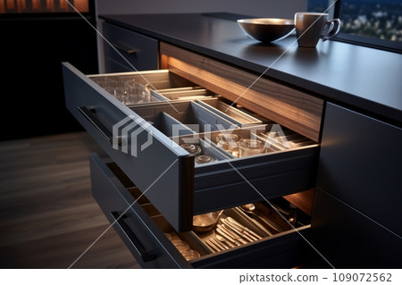 Close-up of open drawer in modern minimalist kitchen with dark grey facades and countertop. Set of cutlery trays in kitchen drawer. Solid oak wood cutlery drawer inserts. Close-up of open drawer in modern minimalist kitchen with dark grey facades and countertop. Set of cutlery trays in kitchen drawer. Solid oak wood cutlery drawer inserts. 109072562