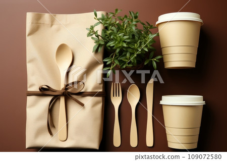 Catering and street fast food paper cups, plates, containers. Eco-friendly food packaging, wooden cutlery and cotton eco bag on brown background. Zero waste and recycling concept. Flat lay. 109072580
