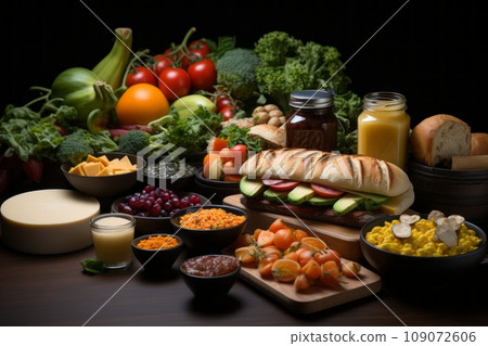 Still life with fast food menu made from organic farm products. Sandwich with tomatoes, cheese and avocado garnished with fresh vegetables, greenery, loaf of bread and sauces. Black background. 109072606