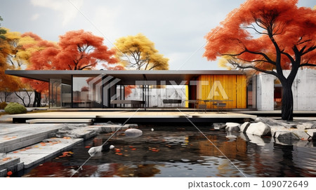 Whimsical trees with autumn red and yellow foliage outside an ultra-modern minimalist concrete and glass building. Colorful live objects and grey monochrome inanimate background combination. 109072649