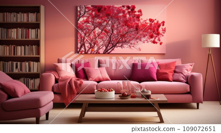 Interior of modern cozy living room in pink colors. Comfortable sofa and chair with cushions, coffee table, bookcase, large painting depicting pink flowers on the wall. 109072651