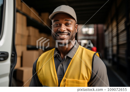 Portrait of an adult African American worker in warehouse against the background of racks full of cardboard boxes. Confident smiling male employee prepares parcels for dispatch and delivery. 109072655