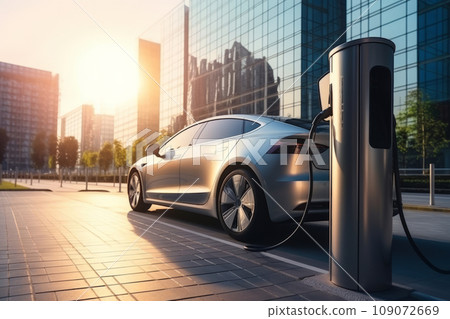 Innovative electric car connected to charging station against the backdrop of modern architecture building. Technological advancement in rechargeable EV using alternative clean and sustainable energy. Innovative electric car connected to charging station against the backdrop of modern architecture building. Technological advancement in rechargeable EV using alternative clean and sustainable energy. 109072669