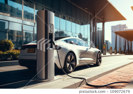 Innovative electric car connected to charging station against the backdrop of modern architecture building. Technological advancement in rechargeable EV using alternative clean and sustainable energy. Innovative electric car connected to charging station against the backdrop of modern architecture building. Technological advancement in rechargeable EV using alternative clean and sustainable energy. 109072679