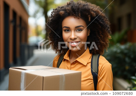 Close-up portrait of female delivery courier with cardboard box in a city street. Confident positive African American young woman delivering parcel to a client. Logistic and delivery concept. Close-up portrait of female delivery courier with cardboard box in a city street. Confident positive African American young woman delivering parcel to a client. Logistic and delivery concept. 109072680