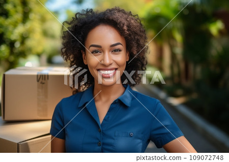Close-up portrait of female delivery courier with cardboard box in a city street. Confident positive African American young woman delivering parcel to a client. Logistic and delivery concept. 109072748