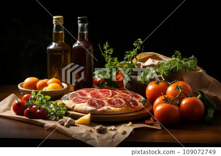 Still life with fast food menu made from organic farm products. Oven made pizza with salami garnished with fresh vegetables, greenery, bottles with sauces. Black background. Still life with fast food menu made from organic farm products. Oven made pizza with salami garnished with fresh vegetables, greenery, bottles with sauces. Black background. 109072749