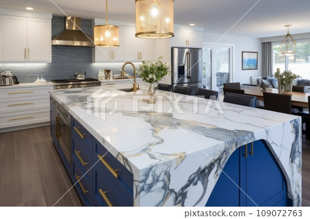 Interior of modern luxurious kitchen classic style. White and blue cabinets with gilded handles, kitchen island with white marble countertop, built-in home appliances, vintage pendant lights. Interior of modern luxurious kitchen classic style. White and blue cabinets with gilded handles, kitchen island with white marble countertop, built-in home appliances, vintage pendant lights. 109072763