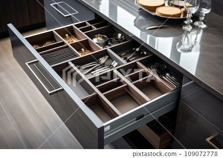 Close-up of open drawer in modern minimalist kitchen with dark grey facades and countertop. Set of cutlery trays in kitchen drawer. Solid oak wood cutlery drawer inserts. Close-up of open drawer in modern minimalist kitchen with dark grey facades and countertop. Set of cutlery trays in kitchen drawer. Solid oak wood cutlery drawer inserts. 109072778