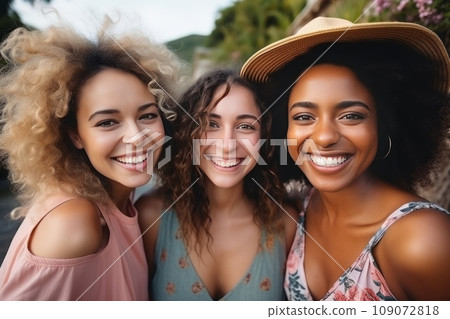 Three multiethnic young women taking selfie on summer vacation. Beautiful diverse girls in colorful sundresses laughing happily. Happy millennial female friends having fun together outdoors. Three multiethnic young women taking selfie on summer vacation. Beautiful diverse girls in colorful sundresses laughing happily. Happy millennial female friends having fun together outdoors. 109072818