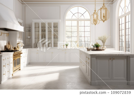 Interior of modern luxurious kitchen classic style. White cabinets with gilded handles, kitchen island with white marble countertop, built-in home appliances, vintage pendant lights. Home design. 109072839