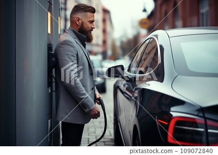 Adult Caucasian man attaching power cable to electric vehicle at charging station. Driver inserts electrical connector to charge battery. Electric vehicle charging plug. Reduced emission concept. Adult Caucasian man attaching power cable to electric vehicle at charging station. Driver inserts electrical connector to charge battery. Electric vehicle charging plug. Reduced emission concept. 109072840