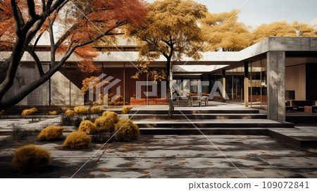 Whimsical trees with autumn red and yellow foliage outside an ultra-modern minimalist concrete and glass building. Colorful live objects and grey monochrome inanimate background combination. Whimsical trees with autumn red and yellow foliage outside an ultra-modern minimalist concrete and glass building. Colorful live objects and grey monochrome inanimate background combination. 109072841