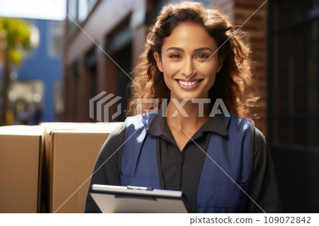 Young female worker in blue uniform with checklist managing parcel boxes in warehouse. Caucasian woman employee holding tablet working in logistic industry. Import-export delivery concept. 109072842