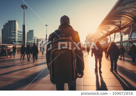 Young man with backpack standing outside airport terminal. Handsome confident student traveler starting his journey in domestic or international airport. Youth tourism, vacation concept. 109072858