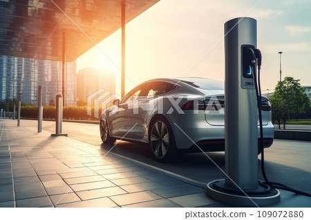 Innovative electric car connected to charging station against the backdrop of modern architecture building. Technological advancement in rechargeable EV using alternative clean and sustainable energy. 109072880