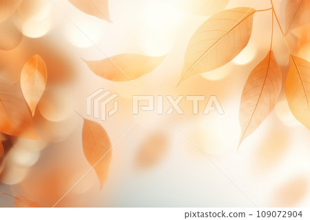 Seasonal fall foliage with detail textures, frame from autumn leaves. Yellow orange beige gradient color. Botanical trend background. Selective focus, bokeh effect. Copy space. 109072904