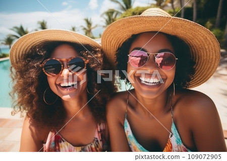 Two multiethnic young women taking selfie on summer vacation. Beautiful diverse girls in colorful sundresses laughing happily. Happy millennial female friends having fun together outdoors. 109072905
