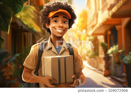 Cartoon style portrait of male delivery courier with cardboard box in a city street. Confident positive African American young man delivering parcel to a client. Logistic and delivery concept. Cartoon style portrait of male delivery courier with cardboard box in a city street. Confident positive African American young man delivering parcel to a client. Logistic and delivery concept. 109072906