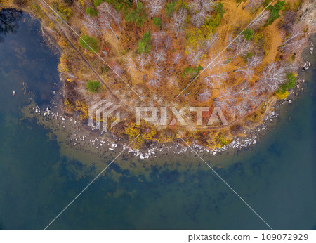 Colorful autumn forest with trees on the shore of a blue lake - top aerial view. Colorful autumn forest with trees on the shore of a blue lake - top aerial view. 109072929
