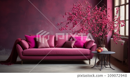 Interior of modern cozy living room in pink colors. Comfortable sofa with cushions, coffee table, branches with pink flowers in a floor vase. Beautiful light from the window. Interior of modern cozy living room in pink colors. Comfortable sofa with cushions, coffee table, branches with pink flowers in a floor vase. Beautiful light from the window. 109072948