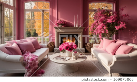 Interior of modern classic cozy living room in pink colors. Comfortable sofas with cushions, coffee table, pink flowers in vases, fireplace. Panoramic windows with autumn forest view. Interior of modern classic cozy living room in pink colors. Comfortable sofas with cushions, coffee table, pink flowers in vases, fireplace. Panoramic windows with autumn forest view. 109073003